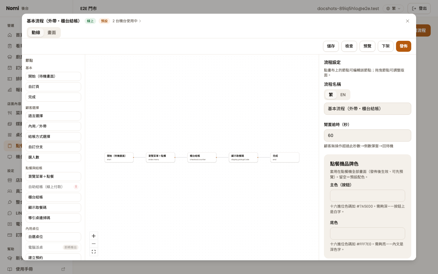 動線分頁:左側節點面板、中間畫布、右側流程設定
